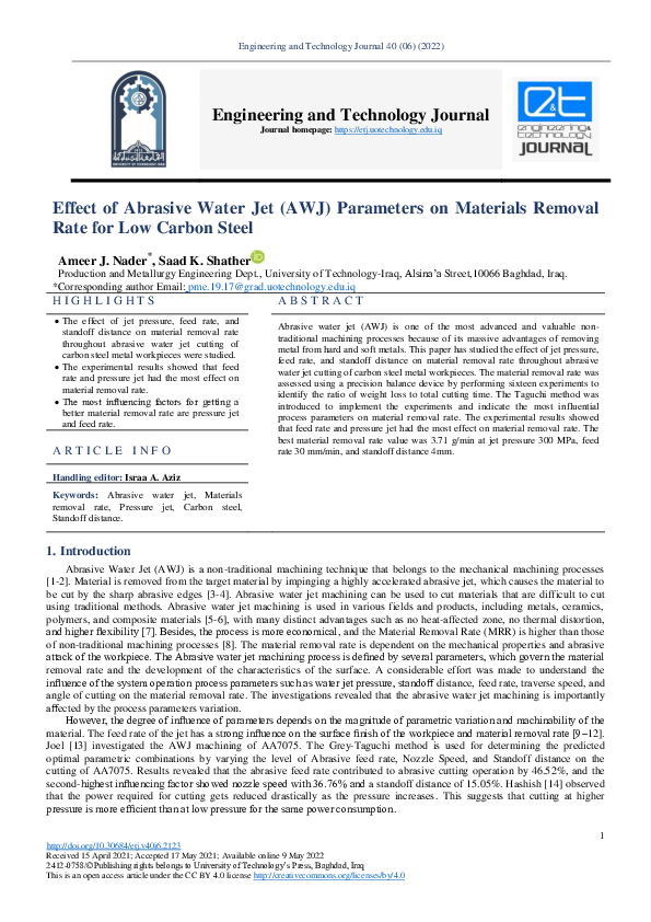 (PDF) Effect of Abrasive Water Jet (AWJ) Parameters on Materials ...