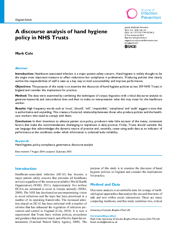 (PDF) A discourse analysis of hand hygiene policy in NHS Trusts