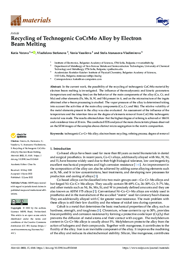 (PDF) Recycling of Technogenic CoCrMo Alloy by Electron Beam Melting