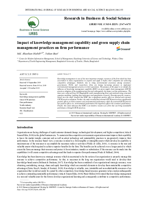 (PDF) Impact of knowledge management capability and green supply chain ...