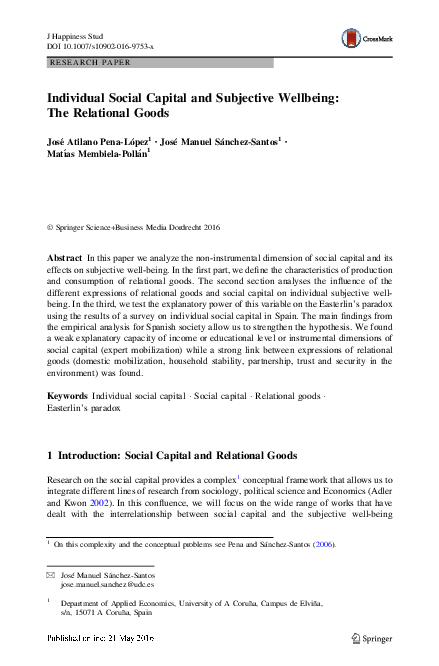 (PDF) Individual Social Capital and Subjective Wellbeing: The ...