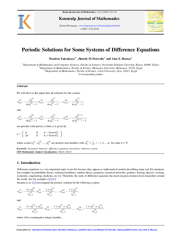 (PDF) Periodic Solutions for Some Systems of Difference Equations ...