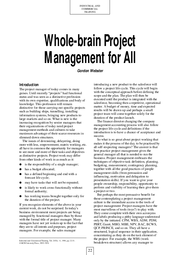 (PDF) Whole‐brain Project Management for All