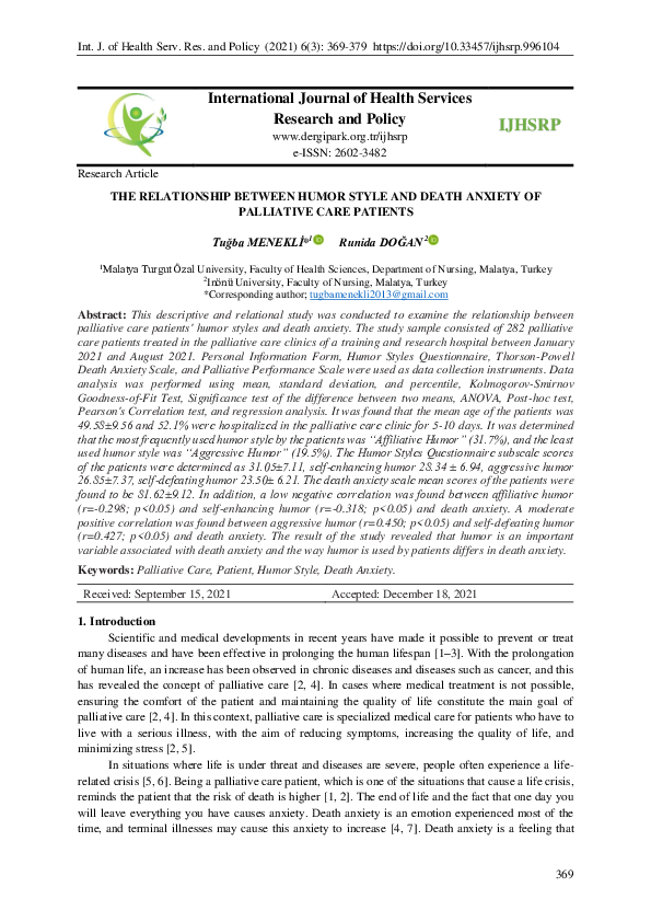 (PDF) The Relationship Between Humor Style and Death Anxiety of ...