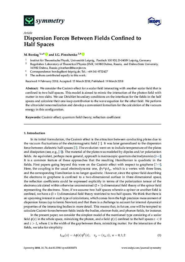 (PDF) Dispersion Forces Between Fields Confined to Half Spaces