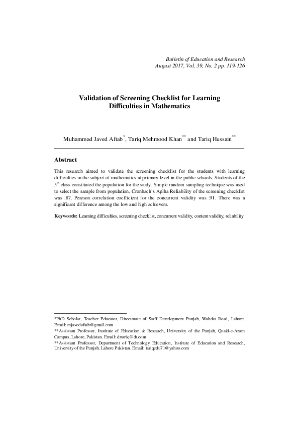 (PDF) Validation of Screening Checklist for Learning Difficulties in ...