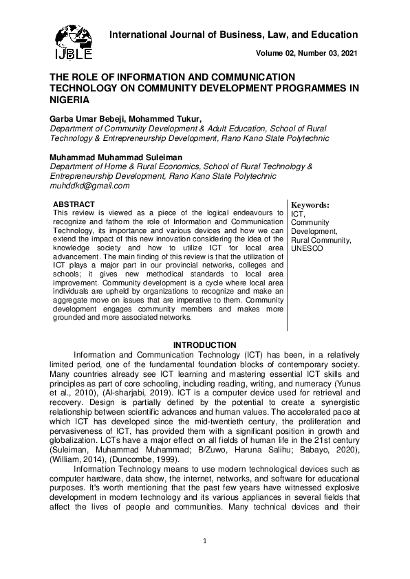 (PDF) THE ROLE OF INFORMATION AND COMMUNICATION TECHNOLOGY ON COMMUNITY ...