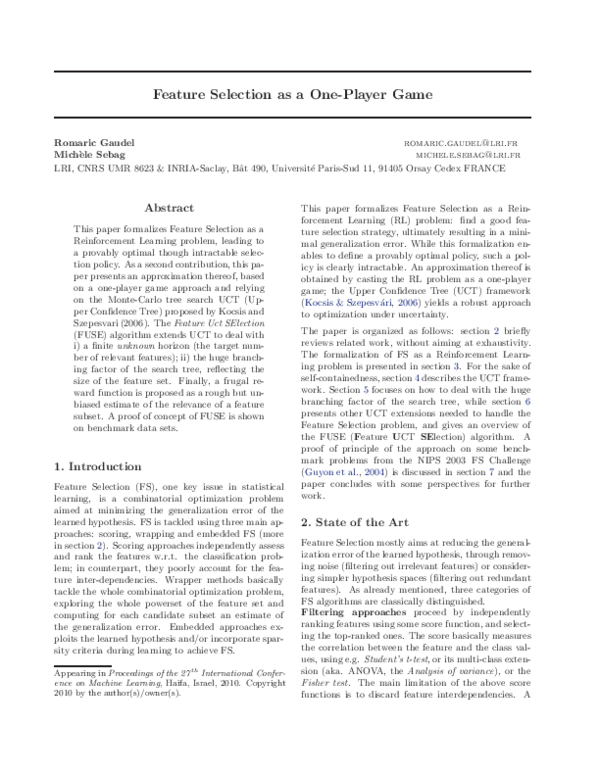 (PDF) Feature Selection as a One-Player Game