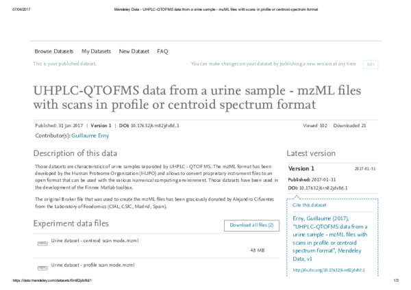 (PDF) CE-TOFMS data from a urine sample - mzML files with scans in ...