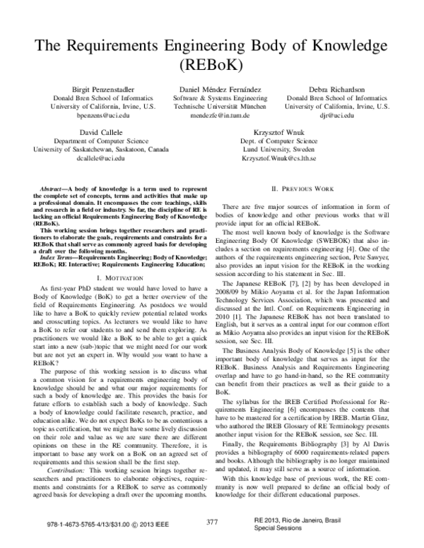 (PDF) The requirements engineering body of knowledge (REBoK) D
