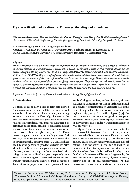 (PDF) Transesterification of Biodiesel by Molecular Modeling and