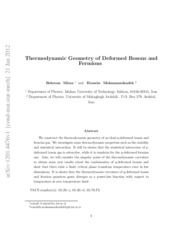 (PDF) Thermodynamic geometry of deformed bosons and fermions | Hosein ...