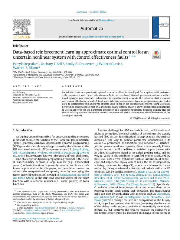 (PDF) Data-Based Reinforcement Learning Approximate Optimal Control for ...