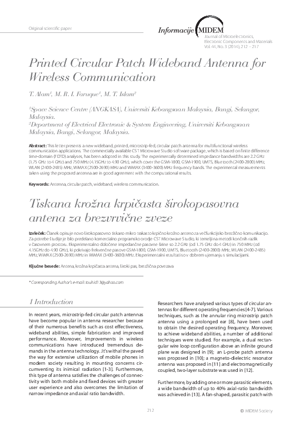 (PDF) Printed Circular Patch Wideband Antenna for Wireless Communication