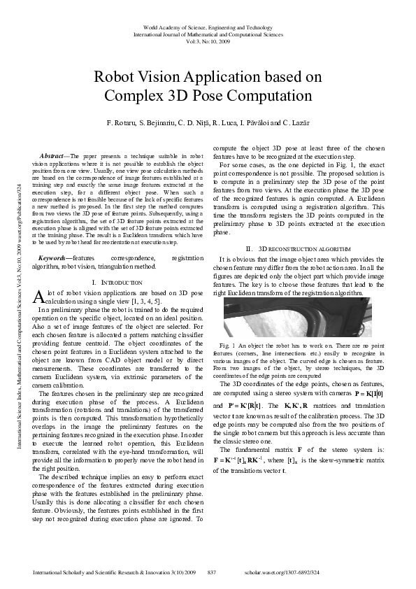 (PDF) Robot Vision Application Based On Complex 3D Pose Computation
