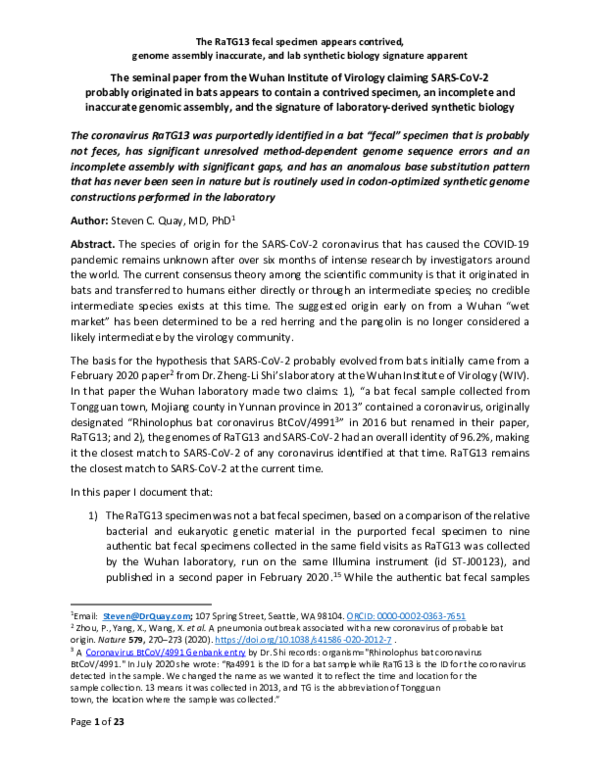 (PDF) The seminal paper from the Wuhan Institute of Virology claiming ...