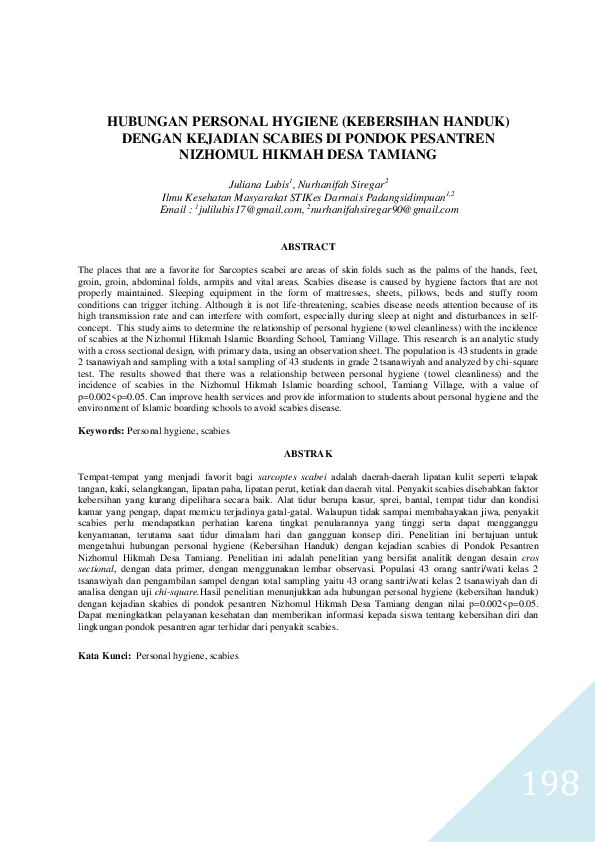  PDF Hubungan Personal Hygiene Kebersihan Handuk Dengan Kejadian 