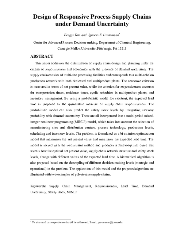 (PDF) Design of Responsive Process Supply Chains under Demand Uncertainty