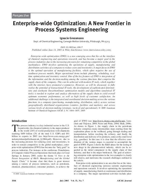 (PDF) Enterprise-wide optimization: A new frontier in process systems