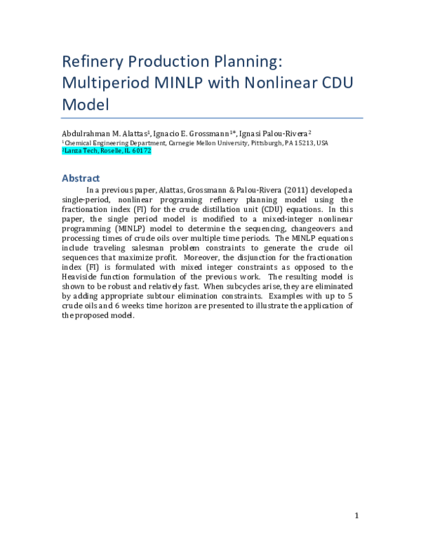 (PDF) Refinery Production Planning: Multiperiod MINLP with Nonlinear ...