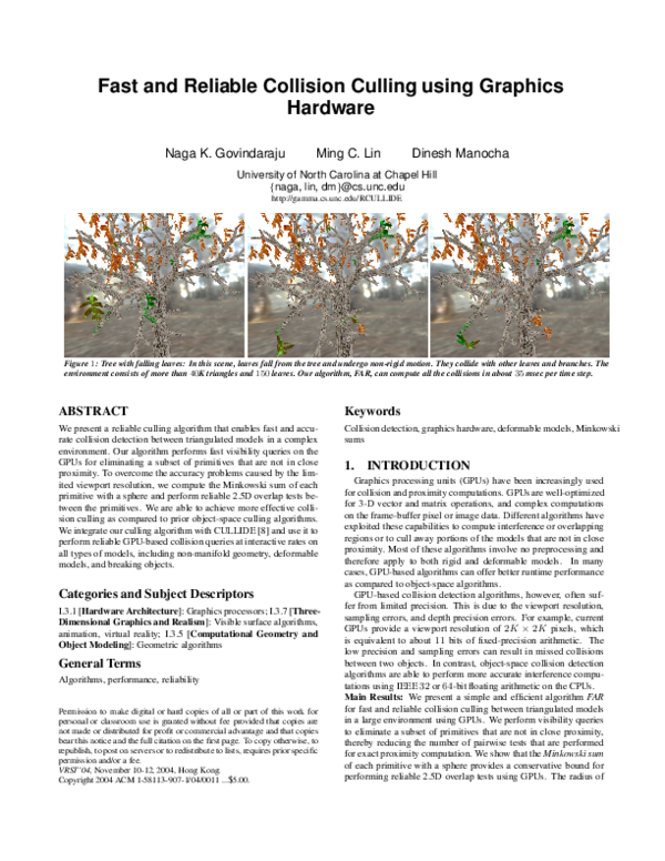 (PDF) Fast and reliable collision culling using graphics hardware