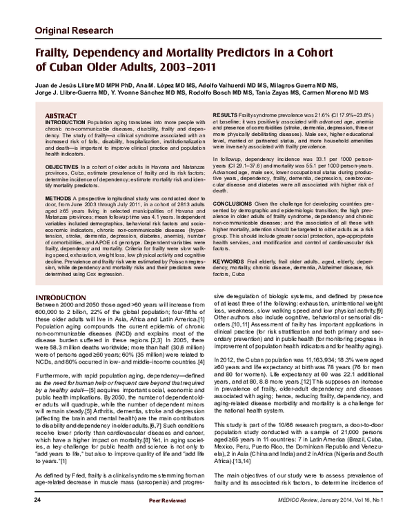 (PDF) Frailty, Dependency and Mortality Predictors in a Cohort of Cuban ...