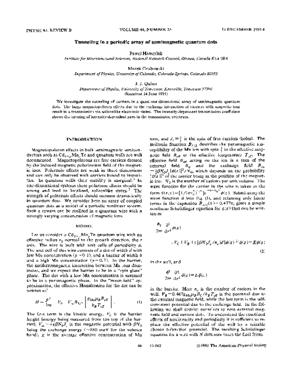 (PDF) Tunneling in a periodic array of semimagnetic quantum dots