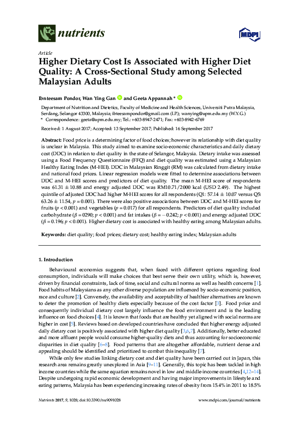 (PDF) Higher Dietary Cost Is Associated with Higher Diet Quality: A ...