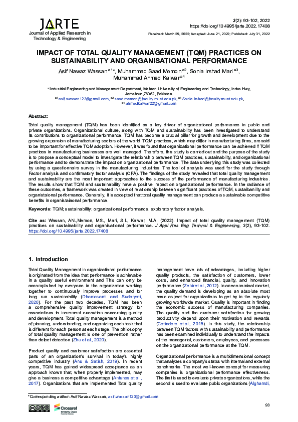 (PDF) Impact of Total Quality Management (TQM) practices on ...