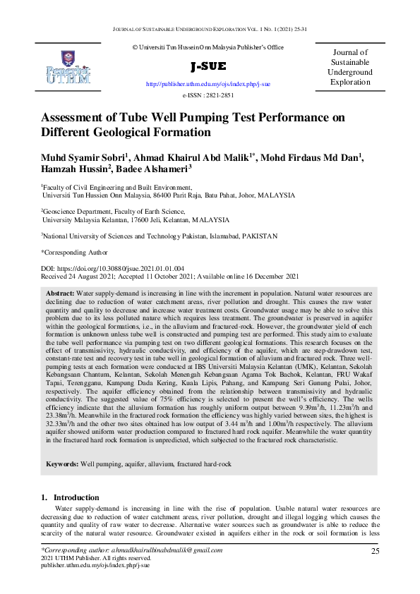 (PDF) Assessment of Tube Well Pumping Test Performance on Different ...