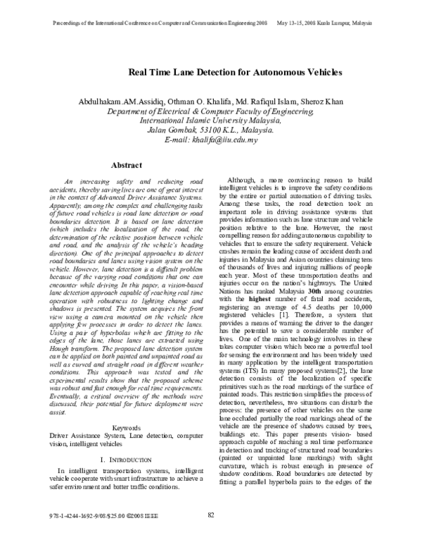 (PDF) Real time lane detection for autonomous vehicles