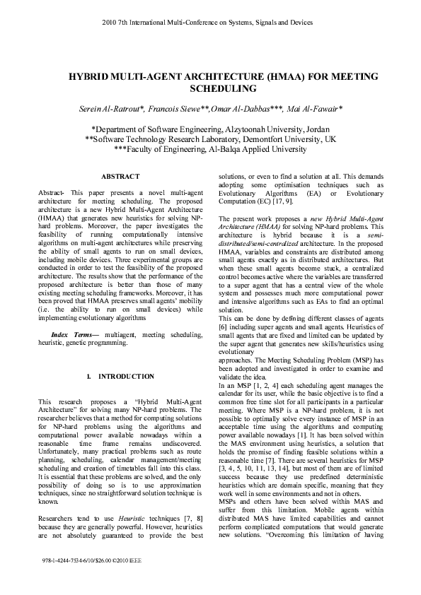 (PDF) Hybrid Multi-Agent Architecture (HMAA) for meeting scheduling