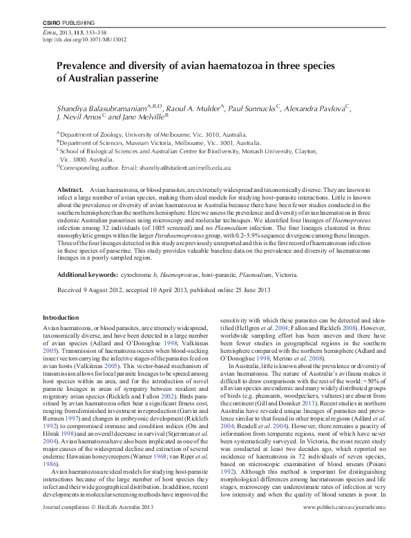 (PDF) Prevalence and diversity of avian haematozoa in three species of ...