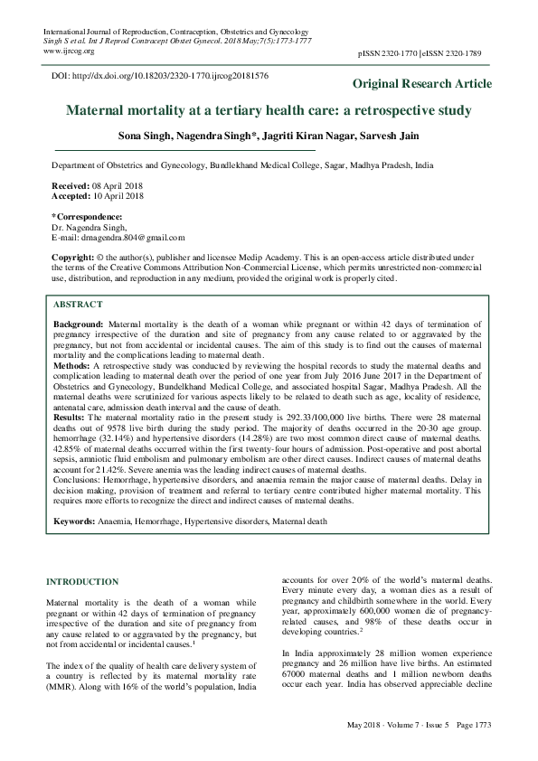 (PDF) Maternal mortality at a tertiary health care: a retrospective study