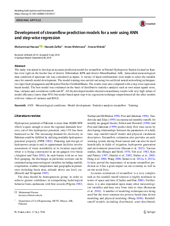 (PDF) Development of streamflow prediction models for a weir using ANN ...