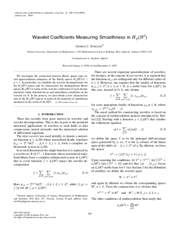(PDF) Wavelet Coefficients Measuring Smoothness inHp(open face Rd)