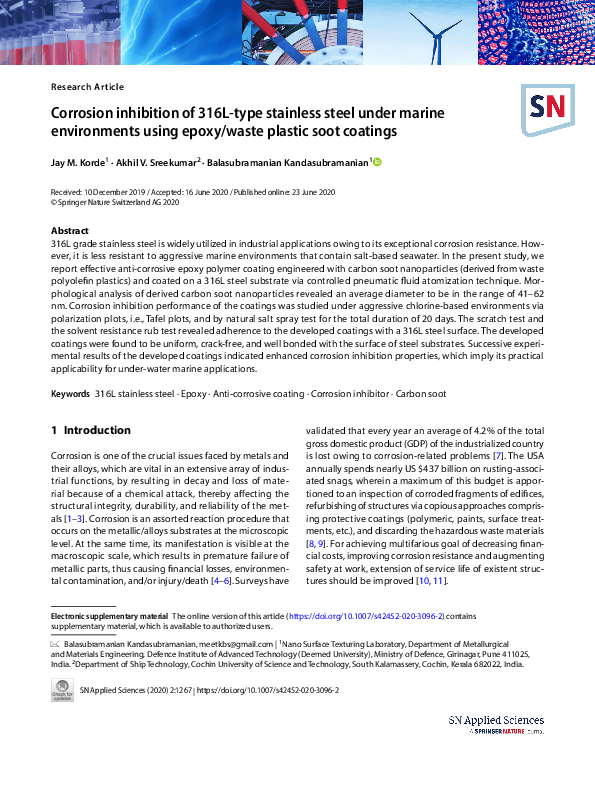 (PDF) Corrosion inhibition of 316L-type stainless steel under marine ...