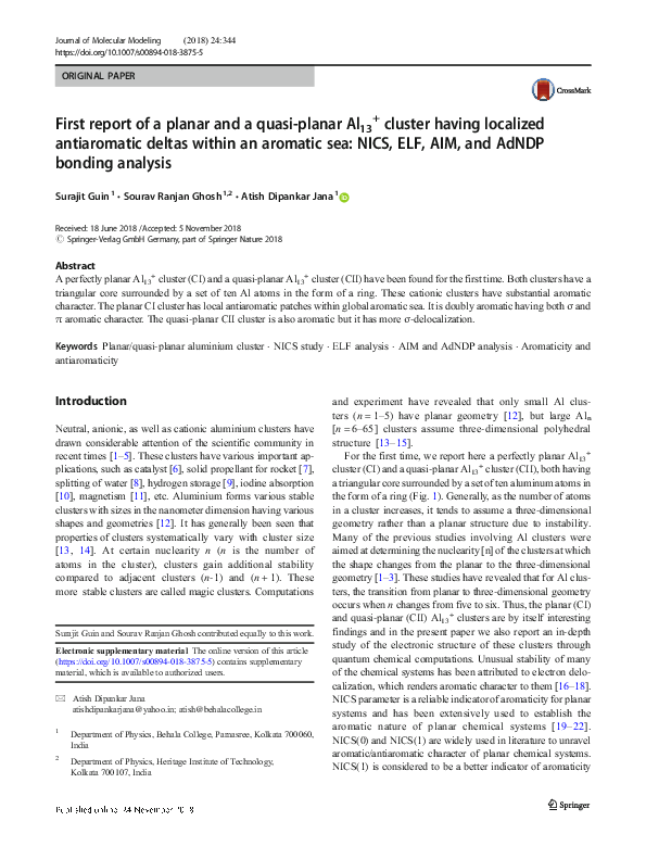 (PDF) First report of a planar and a quasi-planar Al13+ cluster having ...