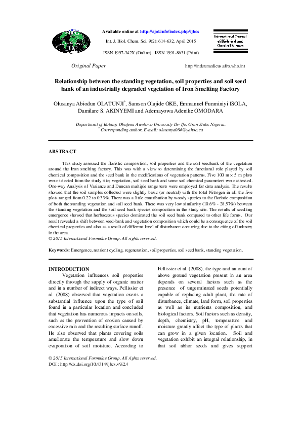(PDF) Relationship between the standing vegetation, soil properties and ...