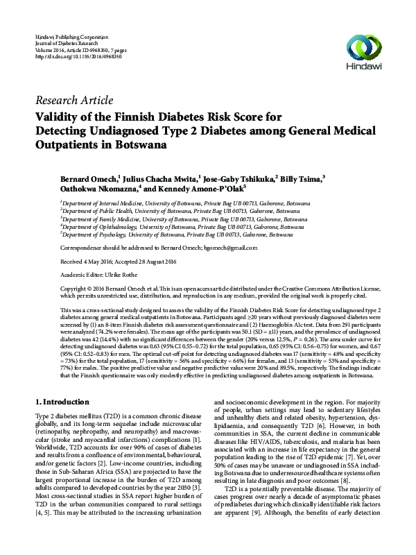 (PDF) Validity of the Finnish Diabetes Risk Score for Detecting ...