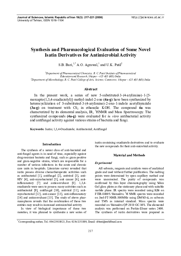 (PDF) Synthesis and Pharmacological Evaluation of Some Novel Isatin ...