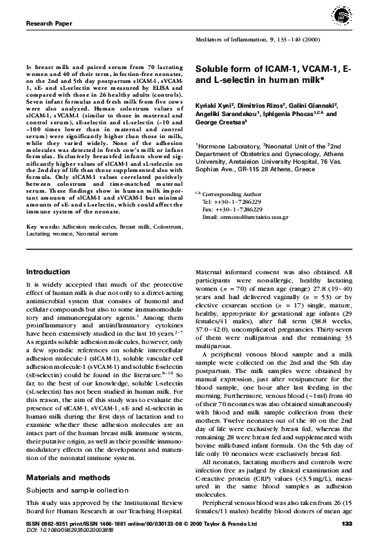 (PDF) Soluble form of ICAM-1, VCAM-1, E- and L-selectin in human milk