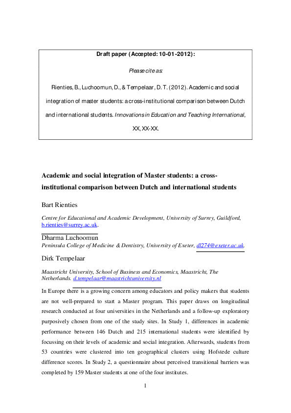 (PDF) Academic and social integration of Master students: a cross ...