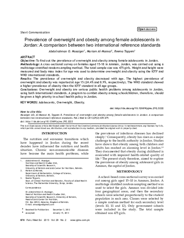 (PDF) Prevalence of overweight and obesity among female adolescents in ...