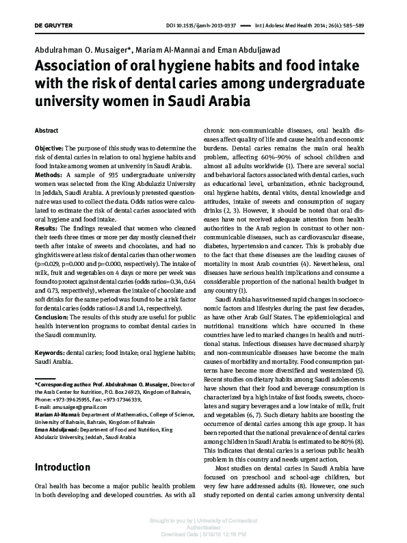 (PDF) Association of oral hygiene habits and food intake with the risk ...