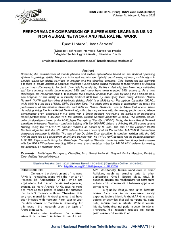 (PDF) Performance Comparison of Supervised Learning Using Non-Neural ...
