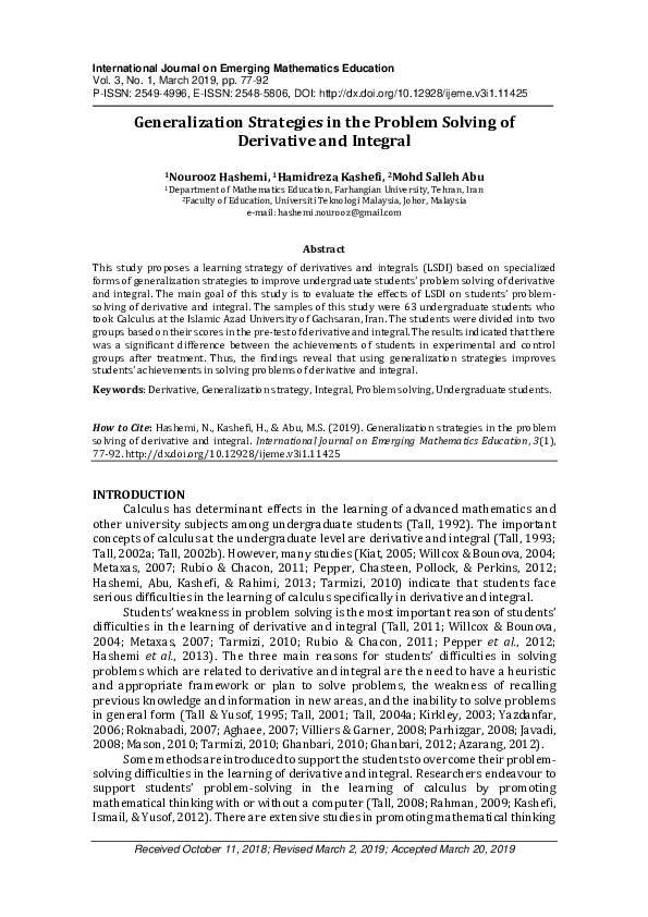 (PDF) Generalization Strategies in the Problem Solving of Derivative ...