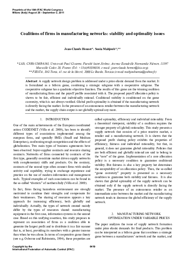 (PDF) Coalitions of Firms in Manufacturing Networks: Stability and ...