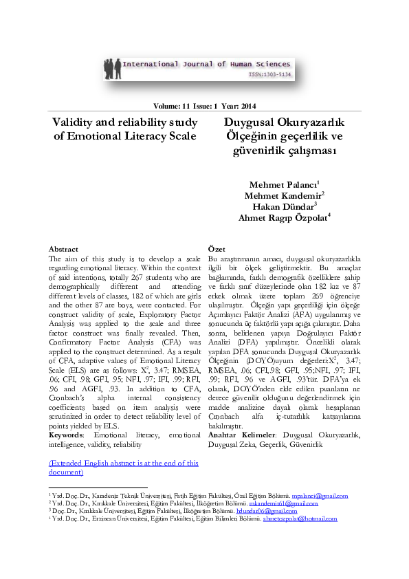 (PDF) Validity and reliability study of Emotional Literacy Scale ...