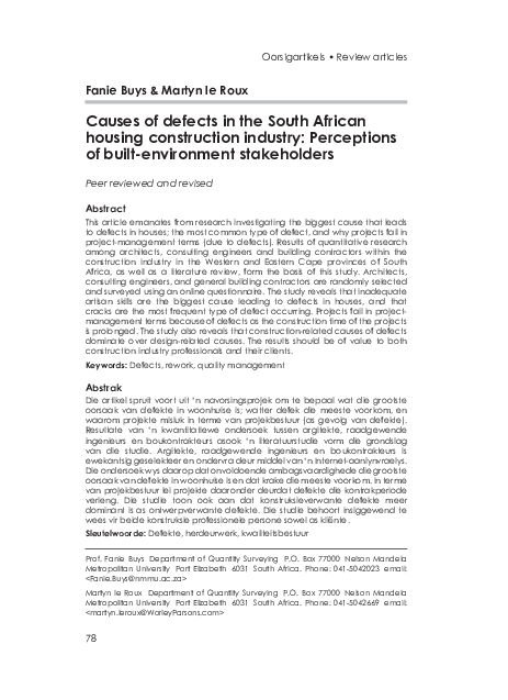 (PDF) Causes of defects in the South African housing construction ...